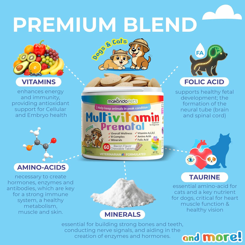 Makondo Pets Vitaminas Prenatales para Perros y Gatos - Suplemento con Ácido Fólico, Calcio y Hierro