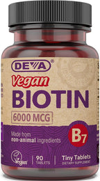 DEVA Biotina Vegana 6000 mcg - Suplemento de Vitamina B7, Comprimidos Pequeños, 90 Unidades