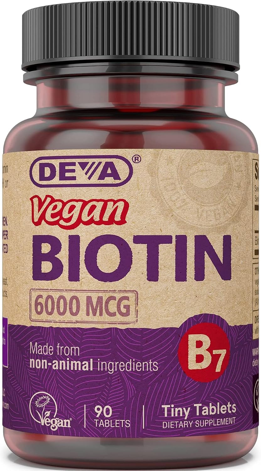 DEVA Biotina Vegana 6000 mcg - Suplemento de Vitamina B7, Comprimidos Pequeños, 90 Unidades
