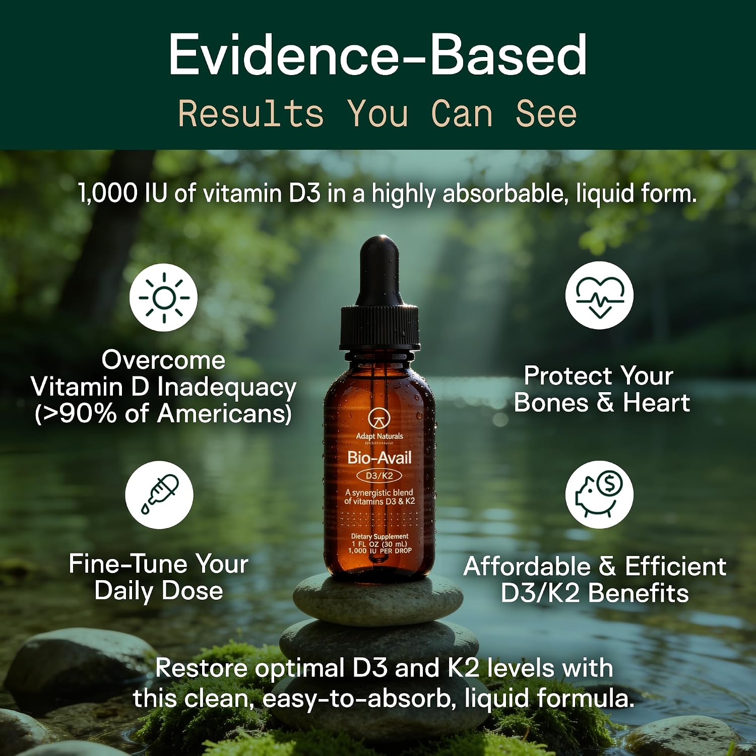 Adapt Naturals Vitamina D3 K2 1000 UI con MCT Oil - 30 ml (600 gotas)