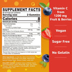 Organic Vitamin C Gummies 120mg for Adults, Sugar Free, Daily Immune Defense, Raw Antioxidant, 100% Whole Food Chewable Vitamin C Supplement from 1200mg Berries & Fruits for Collagen, Vegan, 60 Counts
