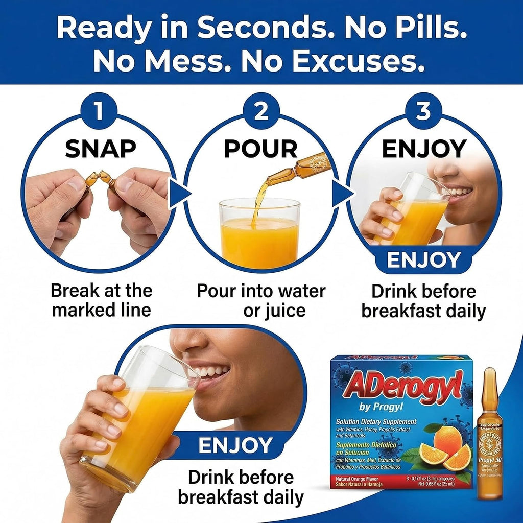 Aderogyl Multivitamínico Líquido con Vitaminas A, C, D, E, Zinc, Miel y Propóleo - 5 Ampollas Sabor Naranja