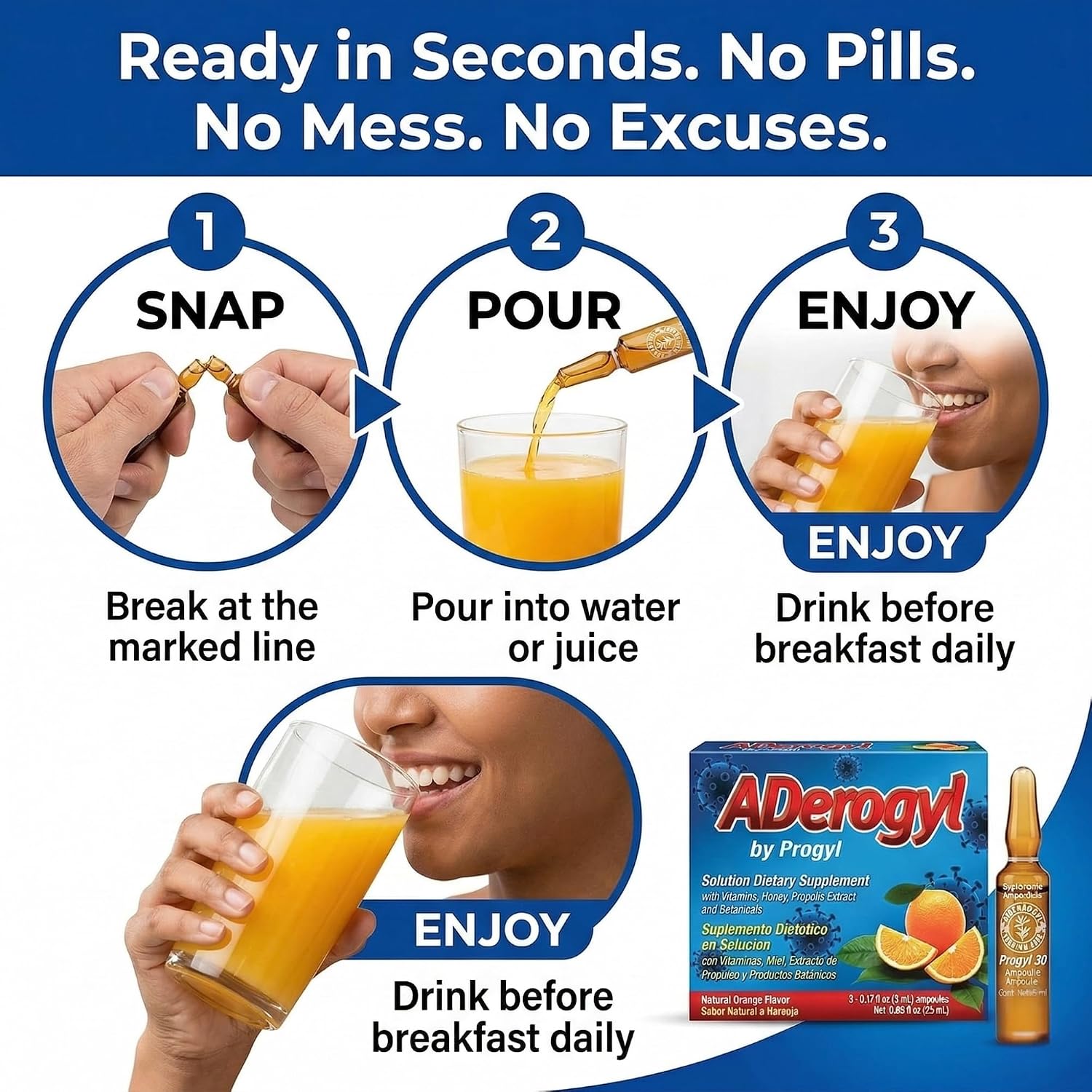 Aderogyl Multivitamínico Líquido con Vitaminas A, C, D, E, Zinc, Miel y Propóleo - 5 Ampollas Sabor Naranja