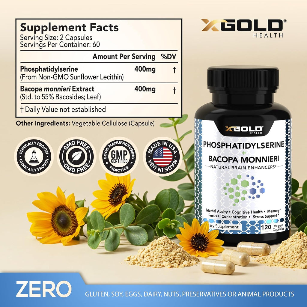 X Gold Health Phosphatidylserine y Bacopa Monnieri 800 mg | Suplemento Nootrópico para el Enfoque y la Memoria | 120 Cápsulas Vegetales