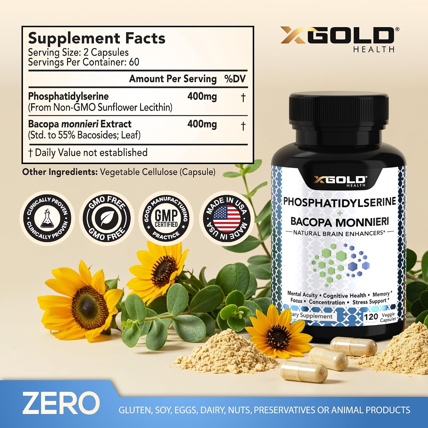 X Gold Health Phosphatidylserine y Bacopa Monnieri 800 mg | Suplemento Nootrópico para el Enfoque y la Memoria | 120 Cápsulas Vegetales