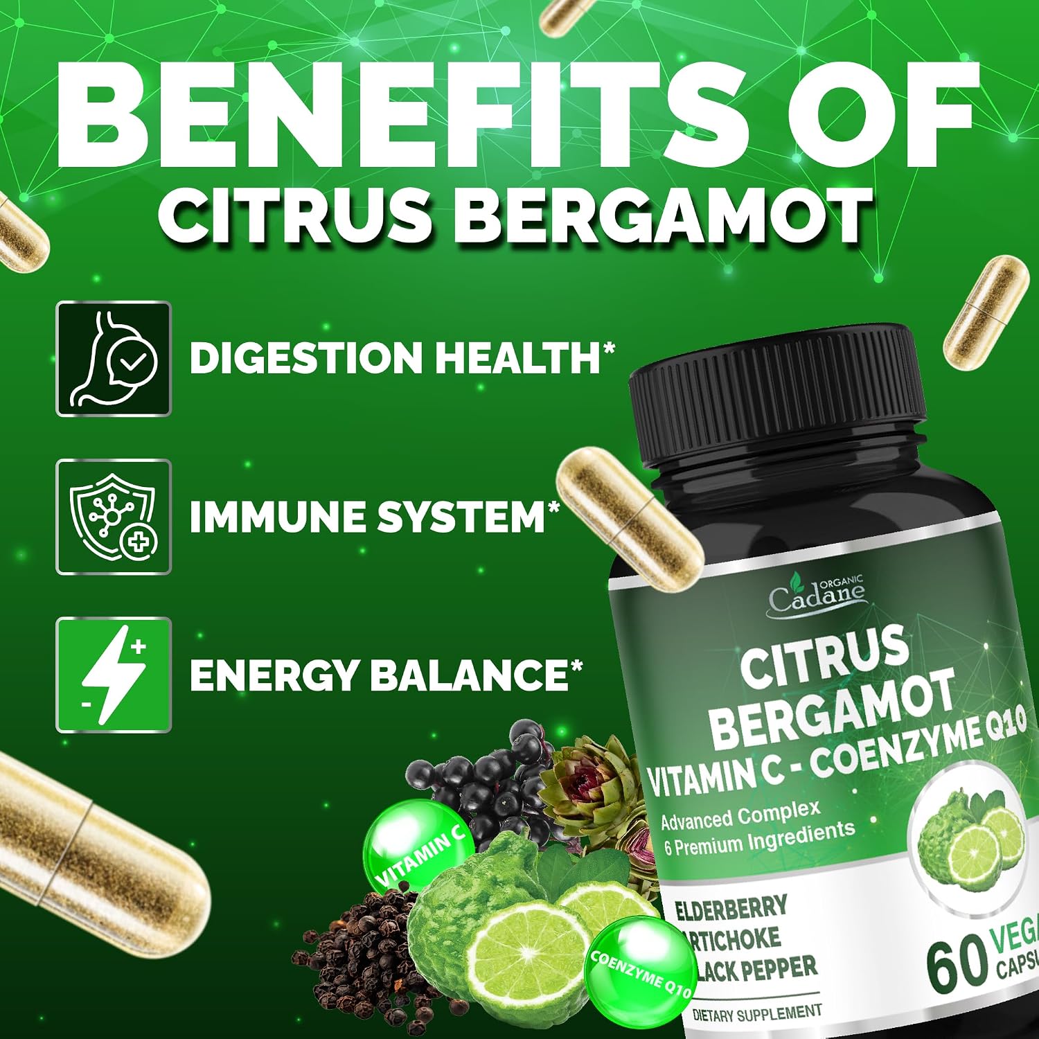 Cadane Suplemento de Bergamota Cítrica con Vitamina C, CoQ10, Saúco, Alcachofa y Pimienta Negra - 60 Cápsulas - 30 Días