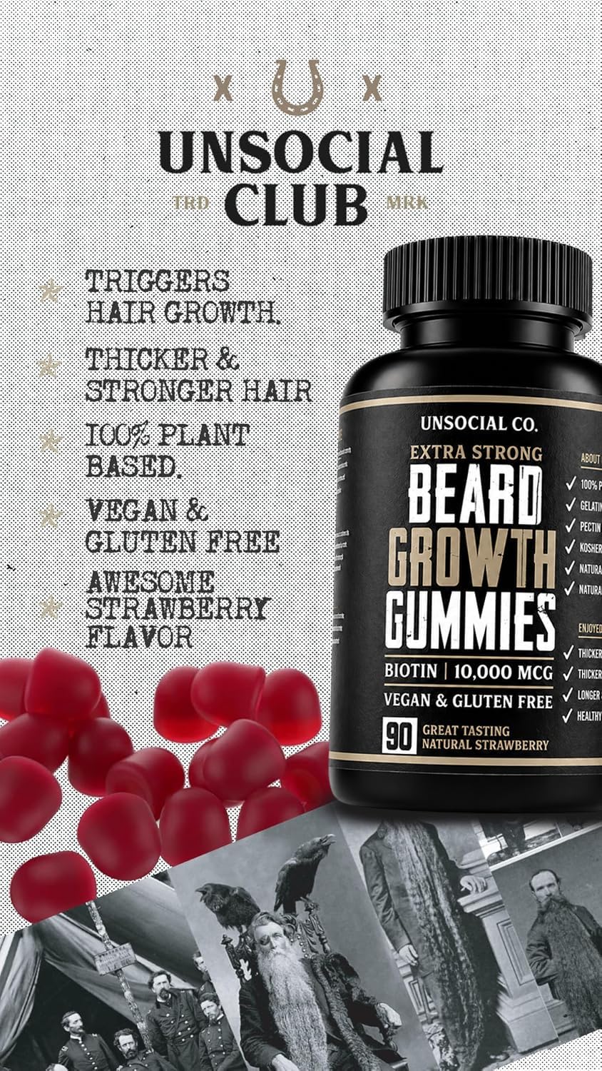 Unsocial Club Gominolas para el Crecimiento de Barba 90 ct | 10,000 mcg Biotina | Vitamina B7 | Vegano, Kosher y Sin Gluten | Sabor Fresa Natural