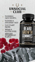 Unsocial Club Gominolas para el Crecimiento de Barba 90 ct | 10,000 mcg Biotina | Vitamina B7 | Vegano, Kosher y Sin Gluten | Sabor Fresa Natural