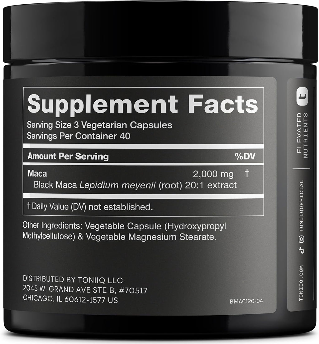 Toniiq Black Maca Root - Extracto de Maca Negra de Alta Potencia 20:1 - 120 Cápsulas