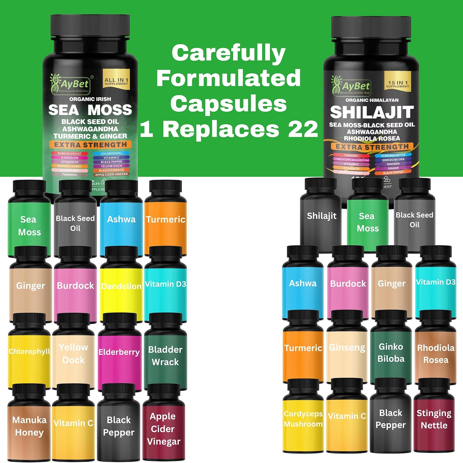 AyBet Sea Moss y Shilajit del Himalaya – Fórmula Herbal 22 en 1 con Ashwagandha, Cúrcuma, Jengibre – Minerales y Antioxidantes – Cápsulas Orgánicas, Halal, Veganas – 120 Unidades