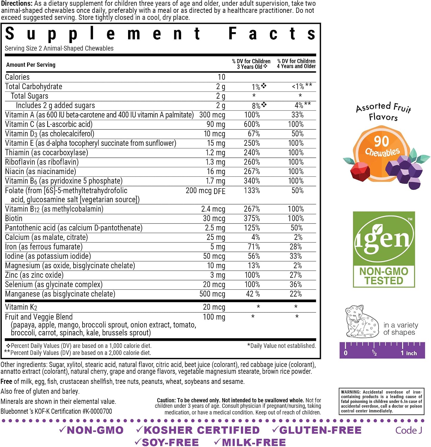 Bluebonnet Nutrition Rainforest Animalz Multivitamínico Masticable para Niños, 90 Comprimidos