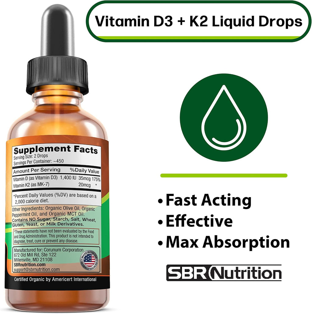 SBR Nutrition MAX Absorption - Vitamina D3 + K2 (MK-7) Gotas Líquidas con Aceite MCT, Sabor Menta