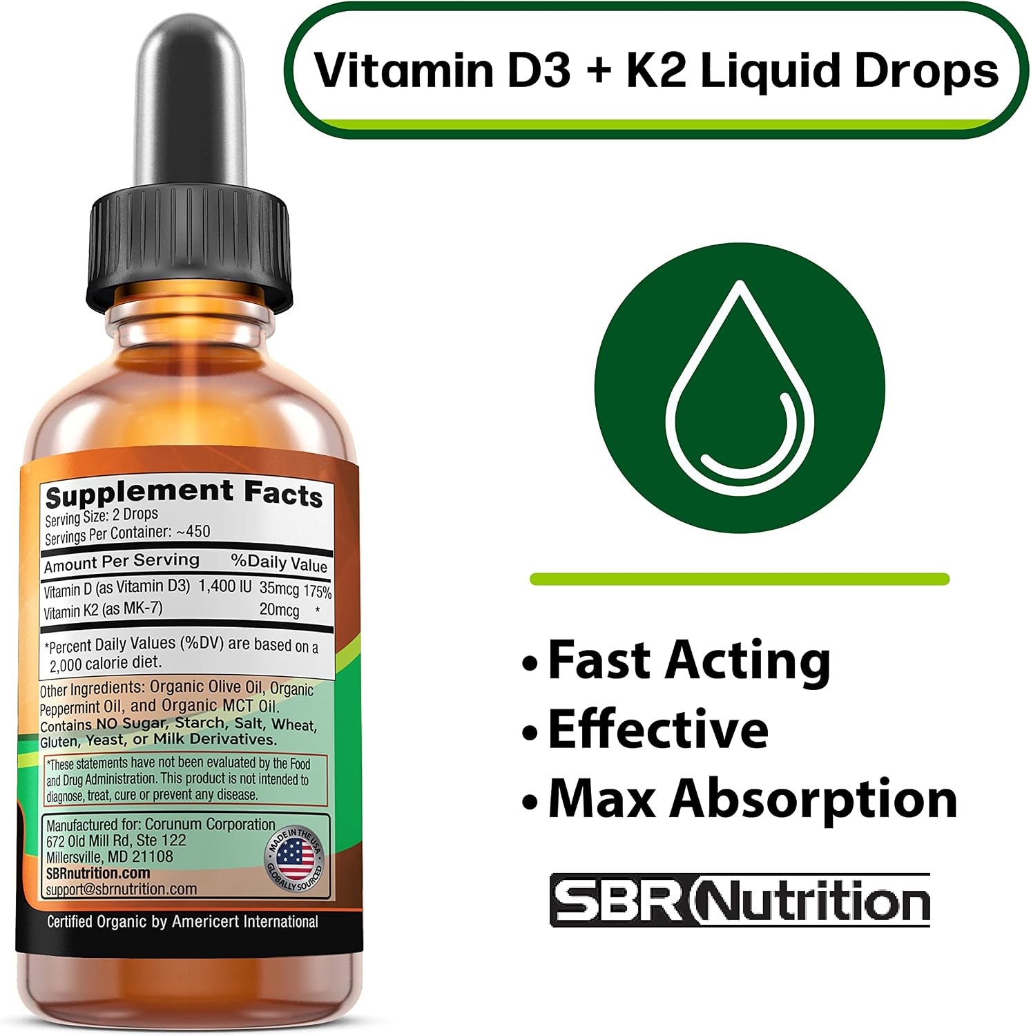 SBR Nutrition MAX Absorption - Vitamina D3 + K2 (MK-7) Gotas Líquidas con Aceite MCT, Sabor Menta