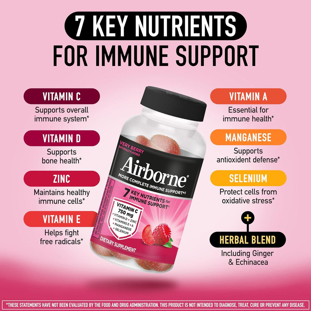 Airborne 750mg Vitamina C Gomitas para Adultos - Apoyo Inmunitario con Antioxidantes y Selenio - 42 Gomitas Sabor Bayas