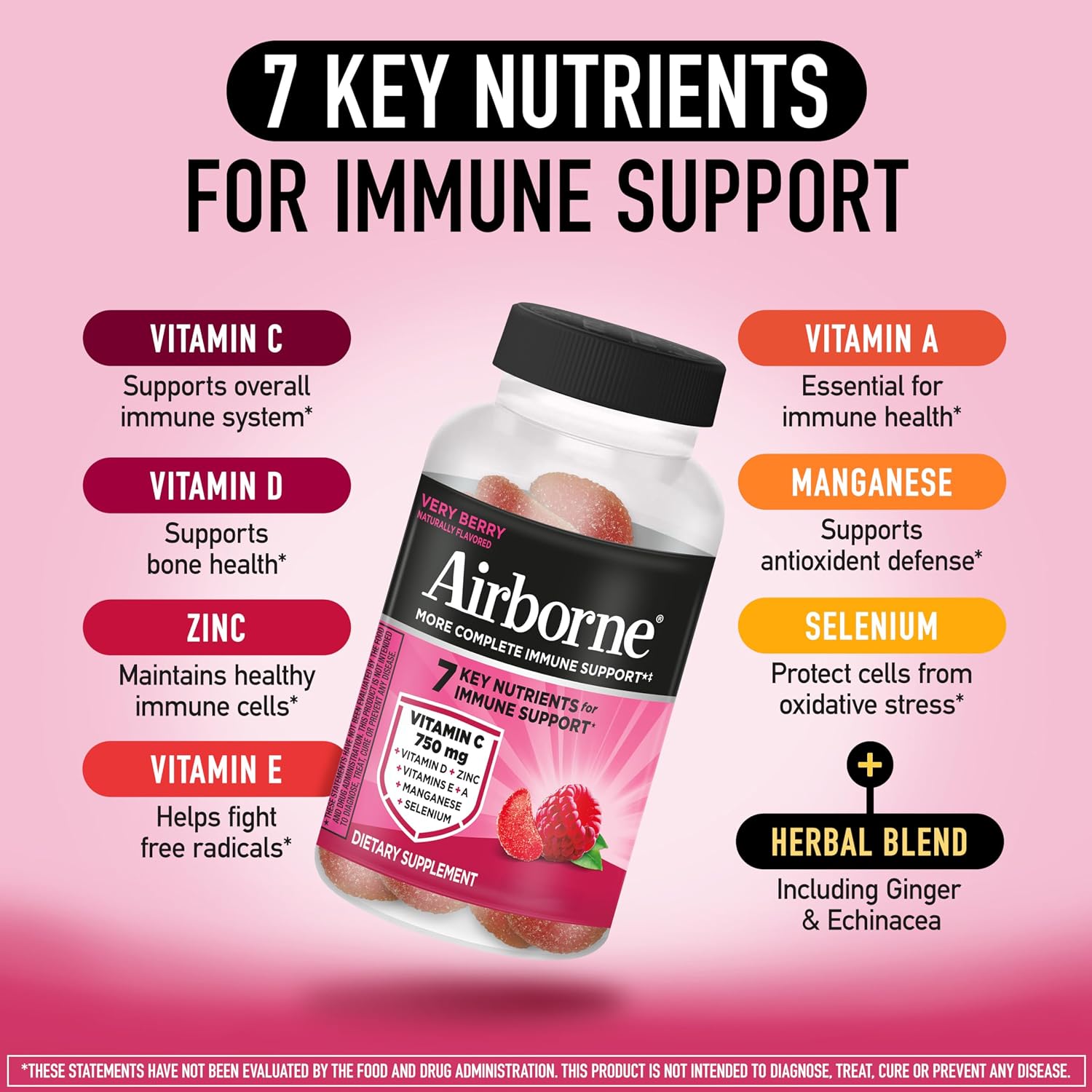 Airborne 750mg Vitamina C Gomitas para Adultos - Apoyo Inmunitario con Antioxidantes y Selenio - 42 Gomitas Sabor Bayas