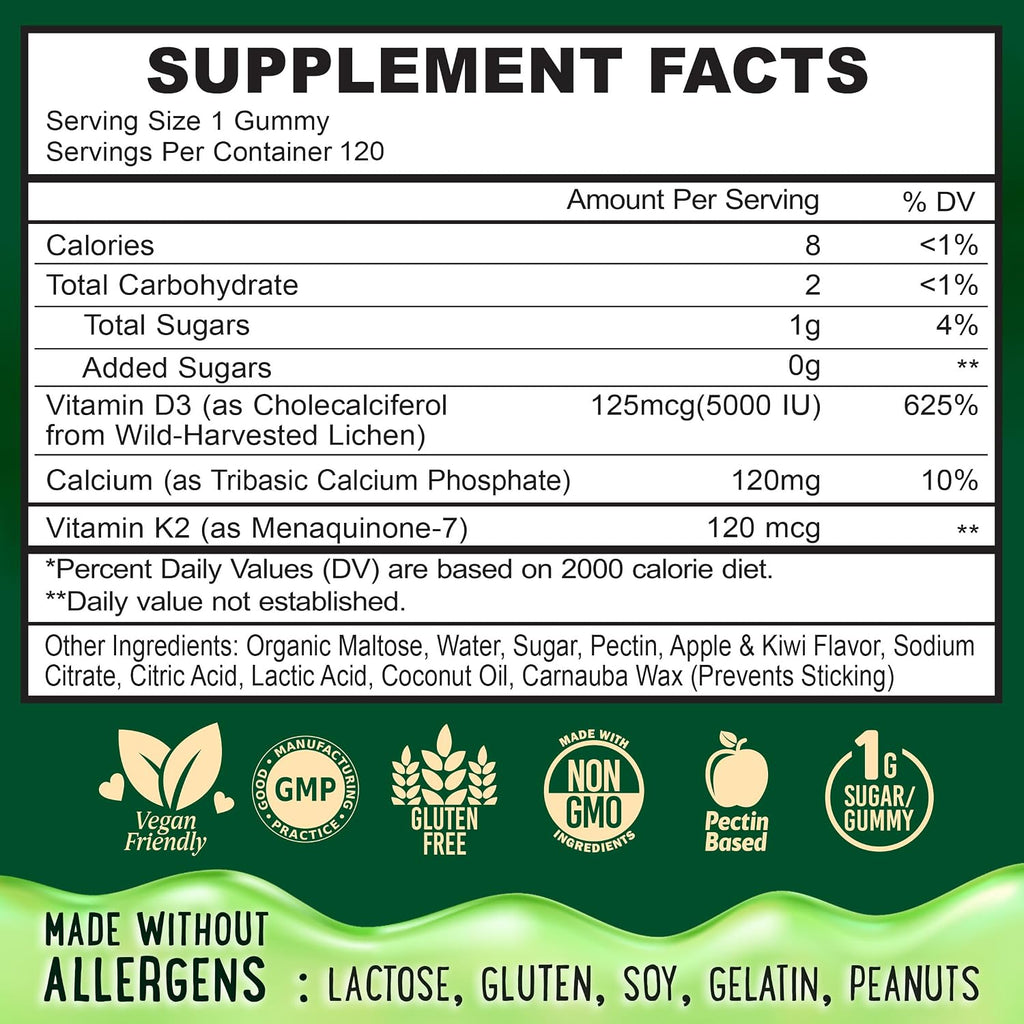OH MY CHEWY Gominolas de Vitamina D3, K2 y Calcio - 5000 IU D3, 120 mcg K2 (MK-7), 120 mg Ca - Vegano y No GMO - 120 unidades