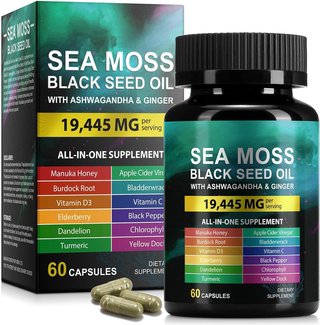 LTQXGT Gominolas de Sea Moss, Bladderwrack, Ashwagandha y Burdock Root - 60 Gominolas Veganas