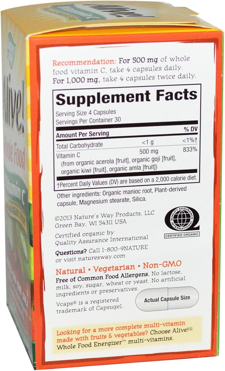 Nature's Way Alive Whole Food Complex con Vitamina C, 120 Cápsulas Vegetales