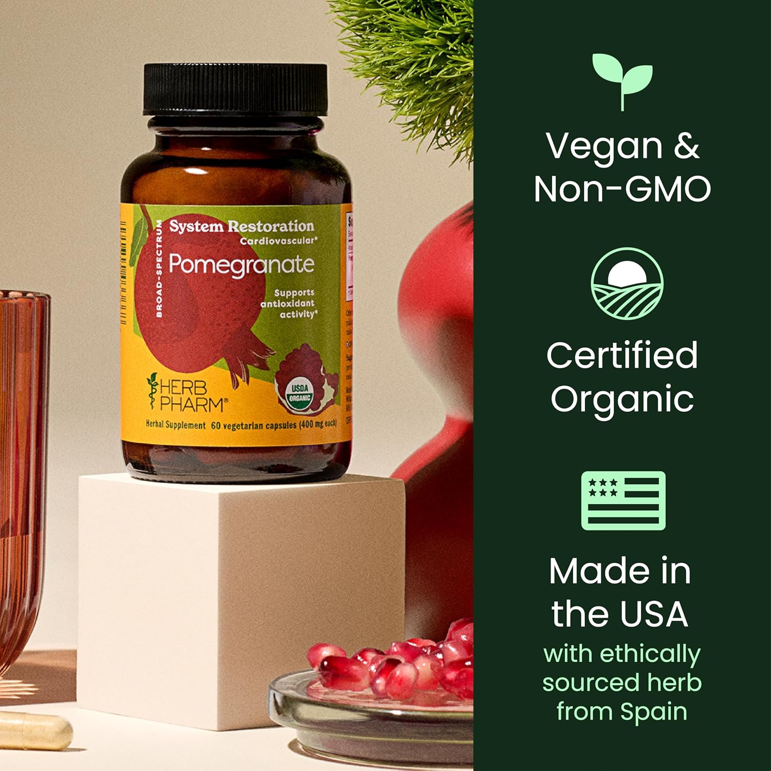 Herb Pharm Cápsulas de Granada Ecológica - Apoyo Cardiovascular y Antioxidante - 60 Cápsulas Veganas