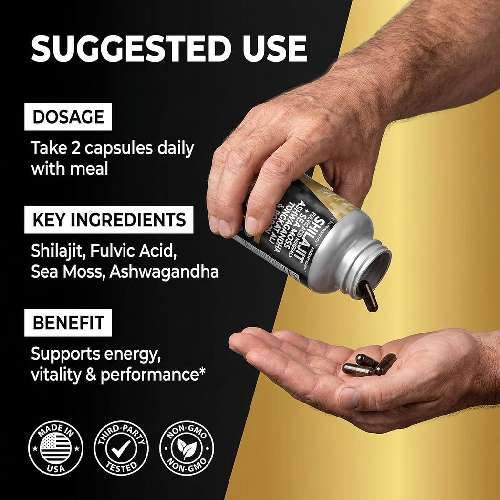 Shilajit para Hombres - Complejo con Sea Moss, Tongkat Ali, Ashwagandha y CoQ10 - 90 Cápsulas