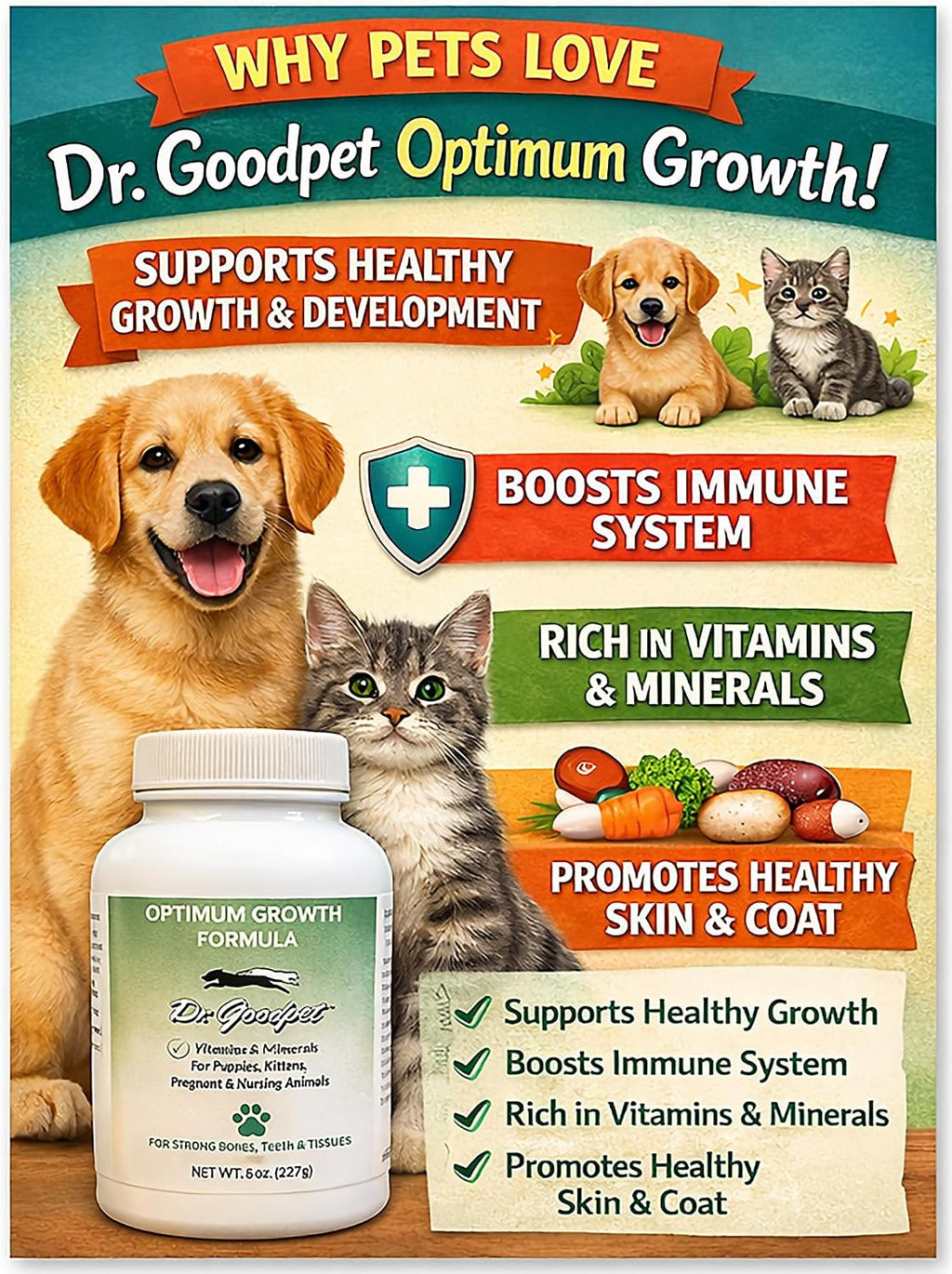 Dr. Goodpet Optimum Growth Formula – Suplemento en polvo para cachorros y gatitos