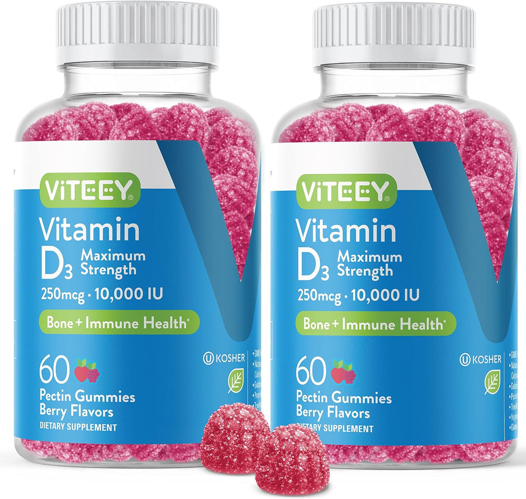Viteey Vitamin D3 Gummies - 10.000 UI (250 mcg) - 120 Gominolas para Adultos y Jóvenes