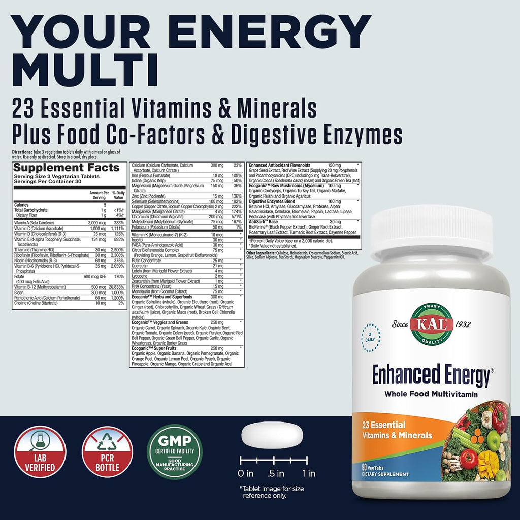 Kal Enhanced Energy - Multivitamínico con ActiSorb - 90 Comprimidos