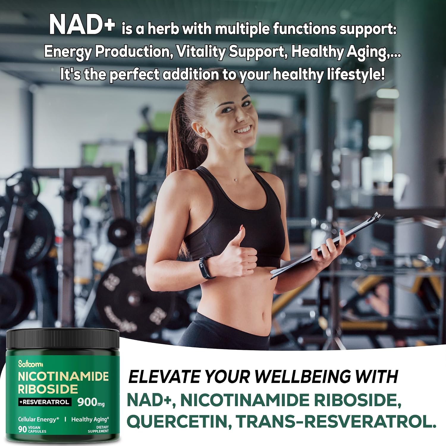 Satoomi NAD+ Suplemento con Nicotinamida Ribósido, Resveratrol, Quercetina - 90 Cápsulas