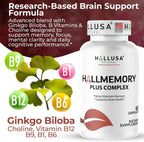Hallusa Natural Brain Health Supplement - Memoria y Concentración con Ginkgo Biloba, Colina y Complejo B - 60 Cápsulas