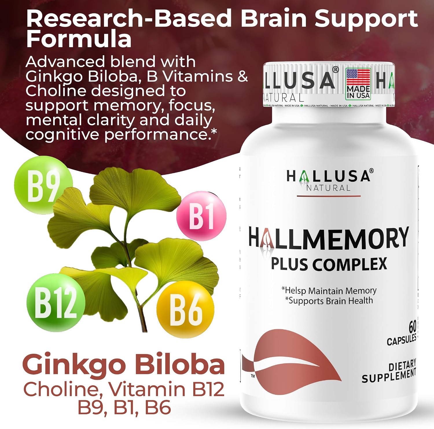 Hallusa Natural Brain Health Supplement - Memoria y Concentración con Ginkgo Biloba, Colina y Complejo B - 60 Cápsulas