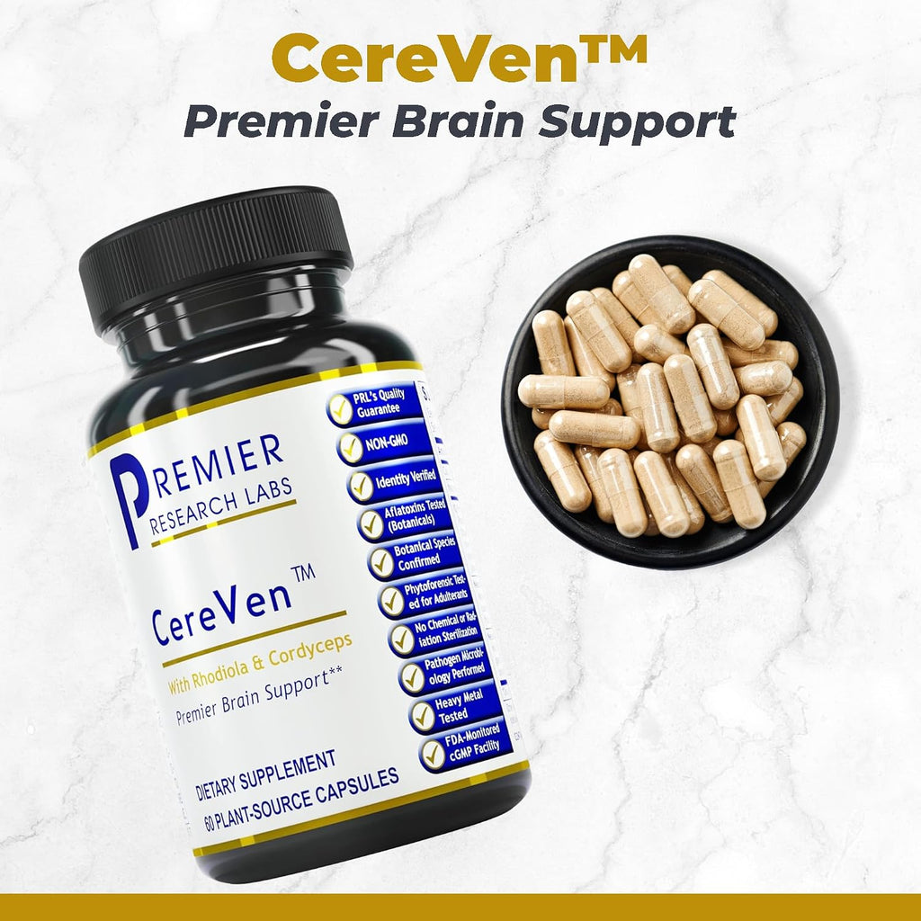 Premier Research Labs CereVen - Suplemento Cerebral Herbal para Memoria y Enfoque con Rhodiola Rosea - 60 Cápsulas Vegetarianas