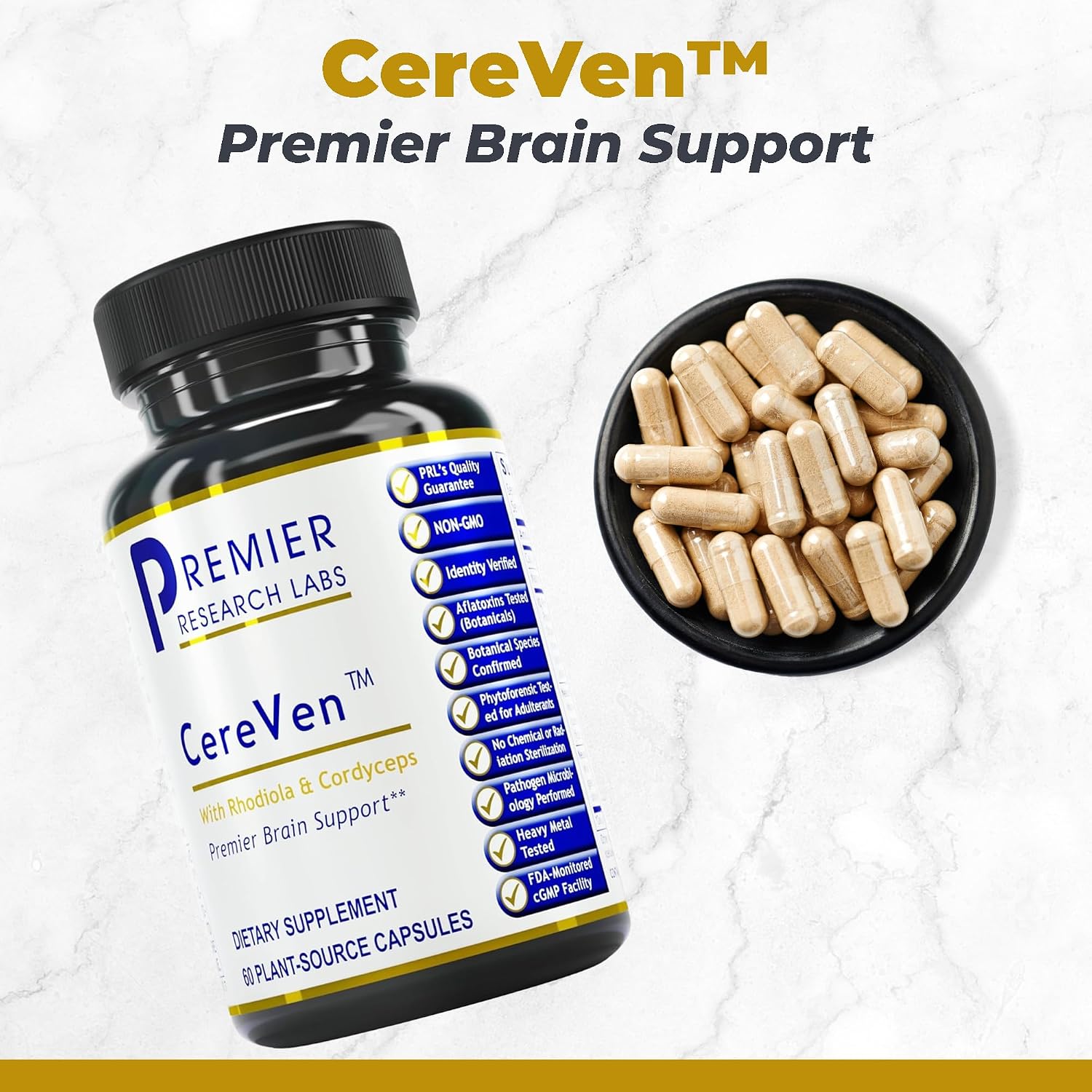 Premier Research Labs CereVen - Suplemento Cerebral Herbal para Memoria y Enfoque con Rhodiola Rosea - 60 Cápsulas Vegetarianas