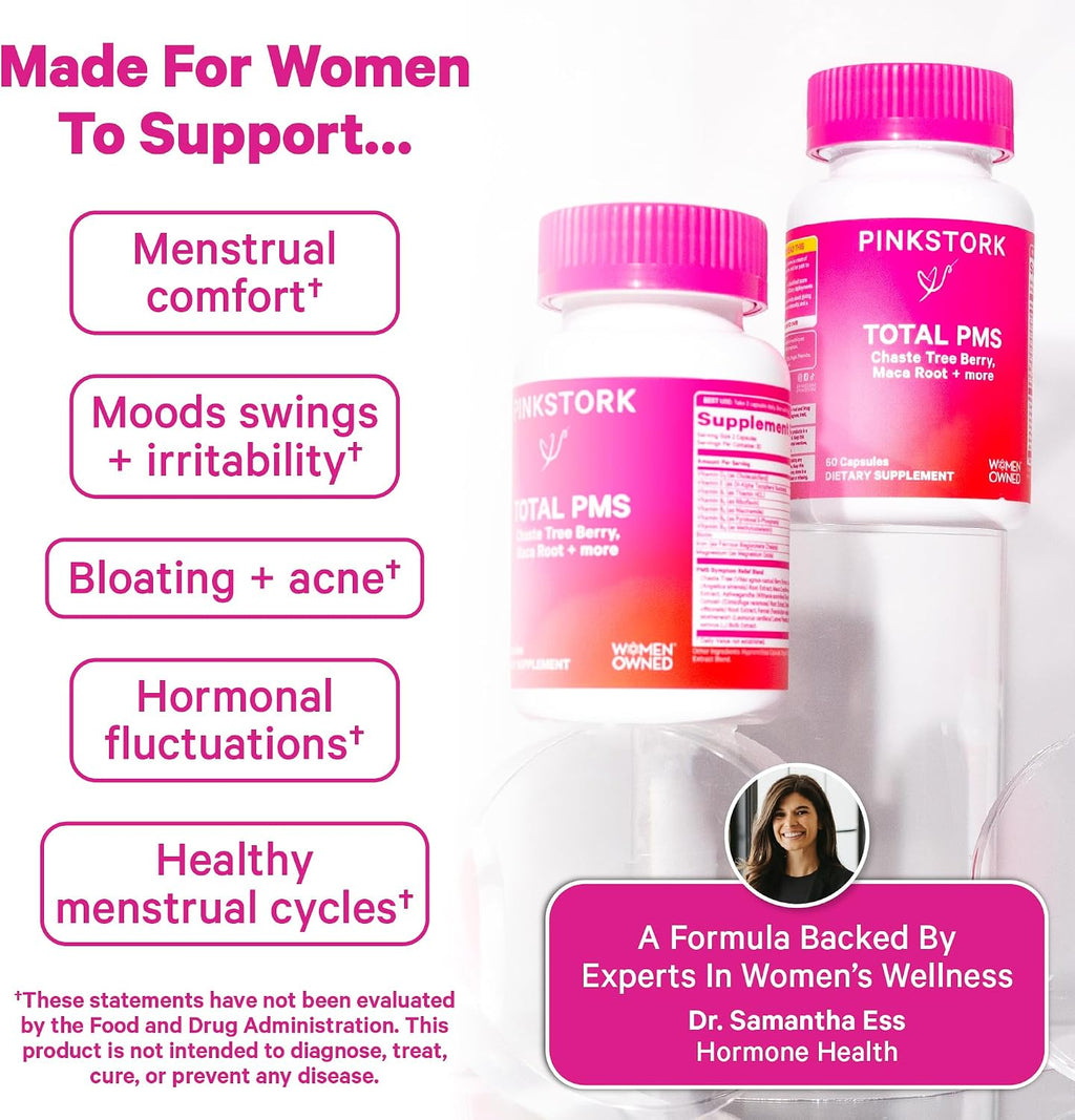 Pink Stork Suplemento PMS para Mujeres - con Vitex, Ashwagandha, Maca y 10 Vitaminas y Minerales - 60 Cápsulas