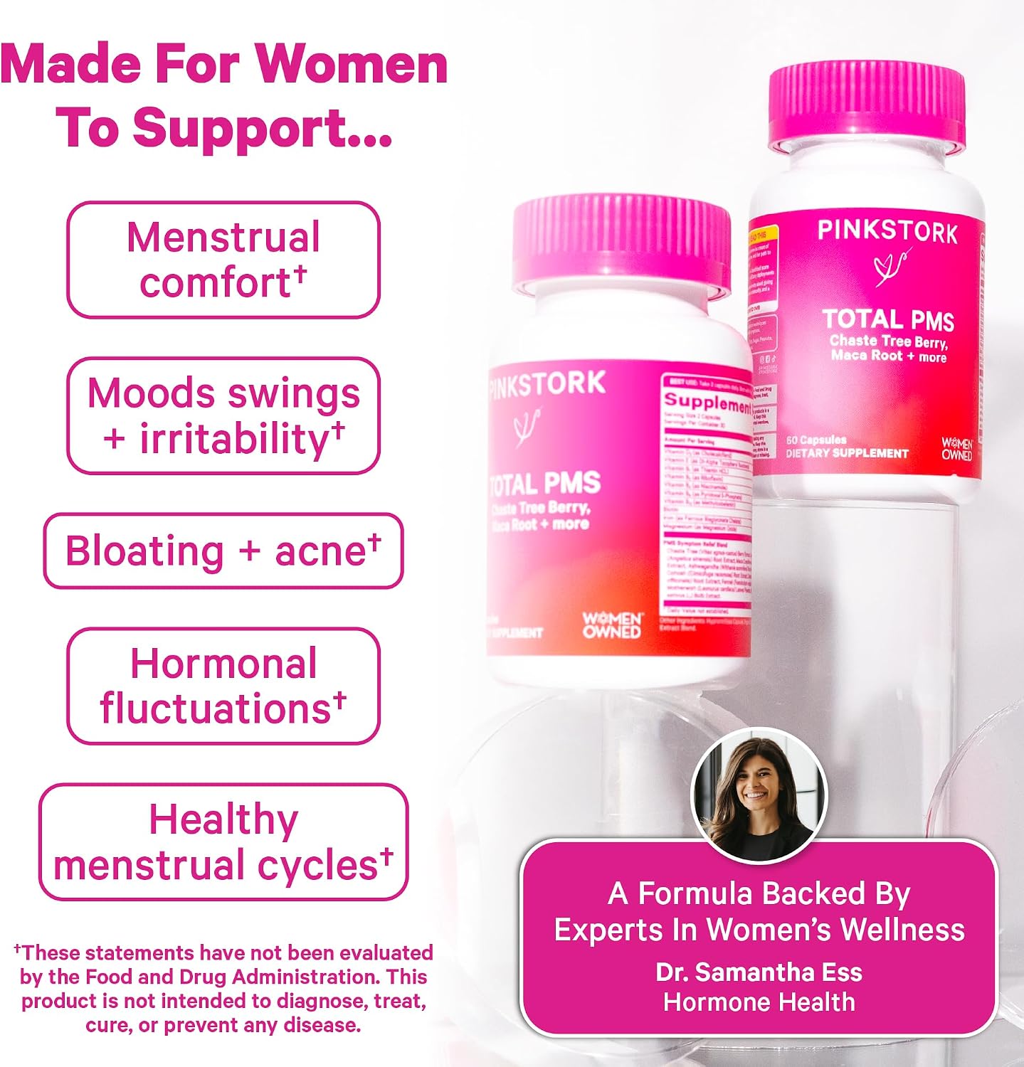Pink Stork Suplemento PMS para Mujeres - con Vitex, Ashwagandha, Maca y 10 Vitaminas y Minerales - 60 Cápsulas