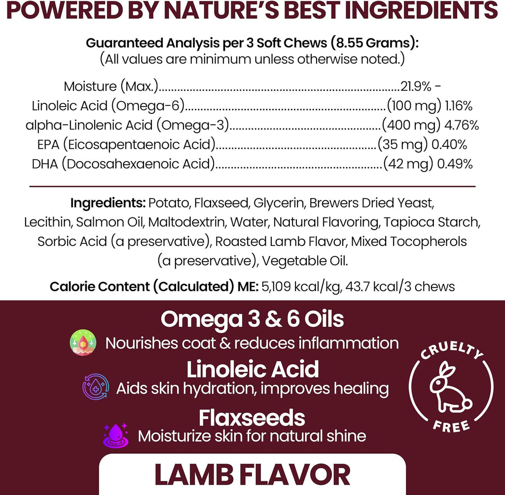Aceite de Salmón para Perros - Snacks Blandos Omega 3 para Piel y Pelaje - 180 Snacks (Sabor Cordero)