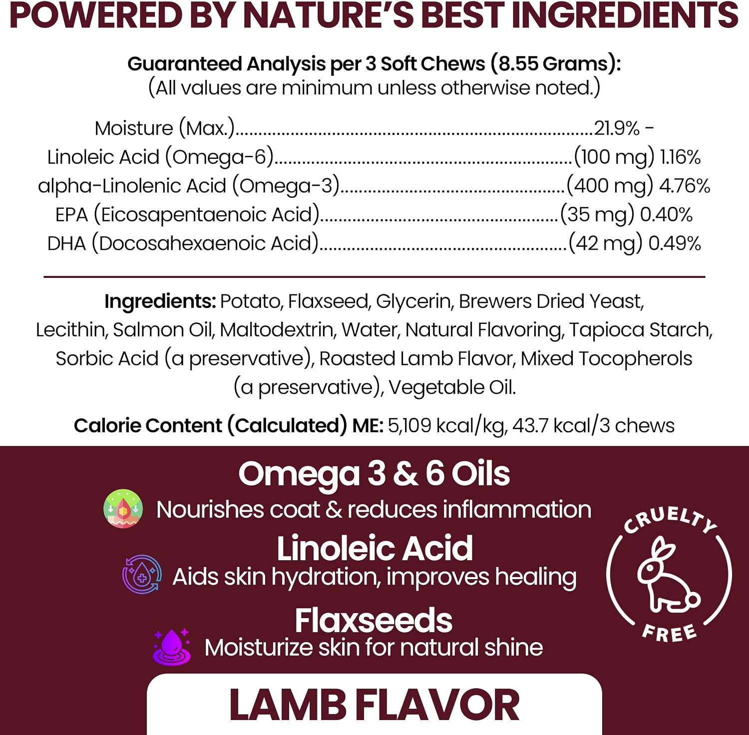 Aceite de Salmón para Perros - Snacks Blandos Omega 3 para Piel y Pelaje - 180 Snacks (Sabor Cordero)