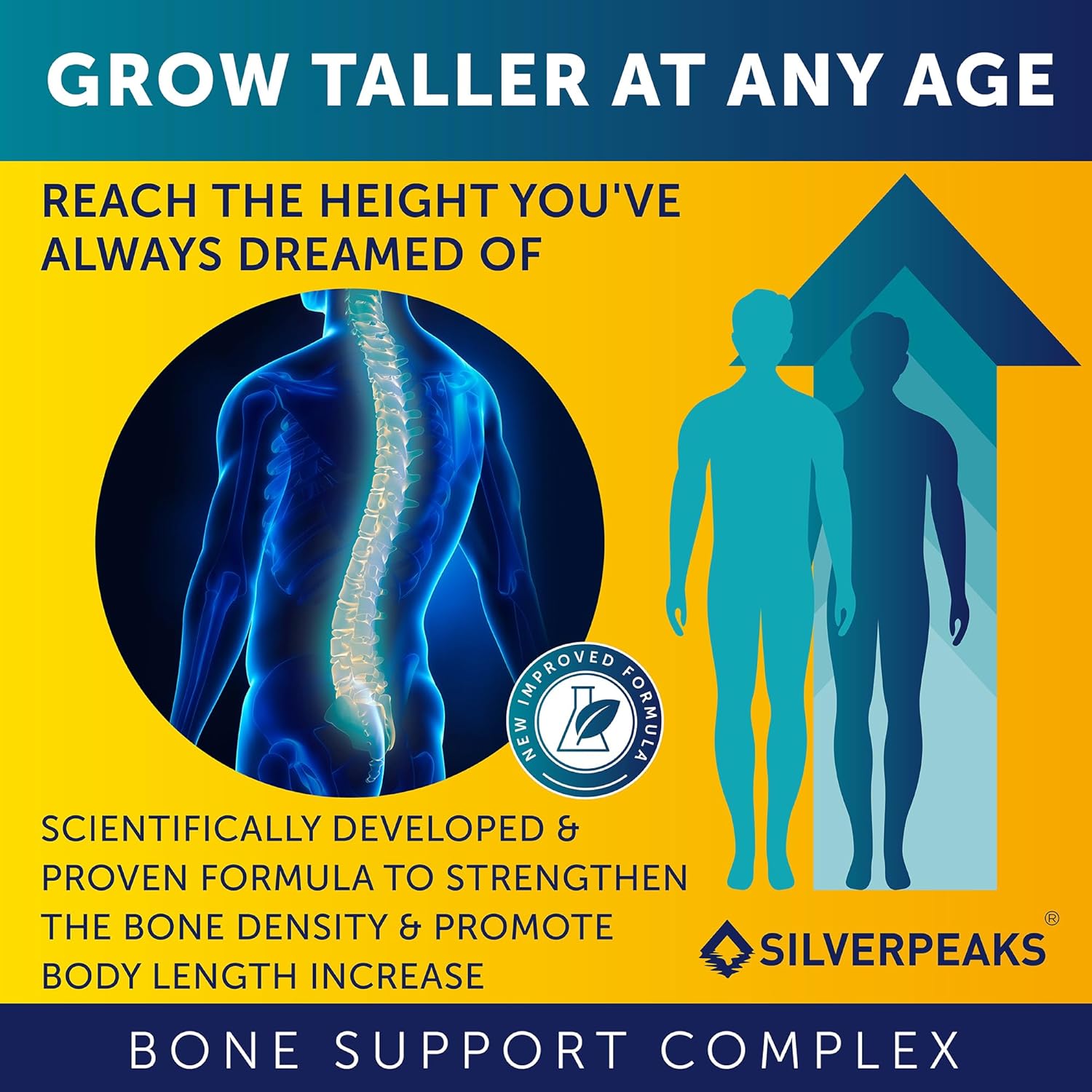 SILVERPEAKS Height Growth Maximizer - 60 Cápsulas con Calcio, Zinc, GABA y Vitamina D3