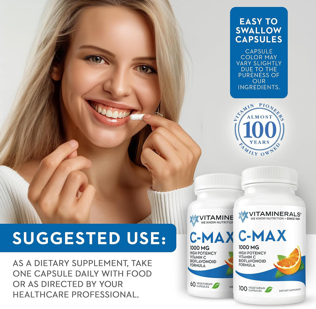 Vitaminerals C-MAX | Vitamina C 1000 mg con Bioflavonoides Cítricos | 100 Cápsulas Vegetales