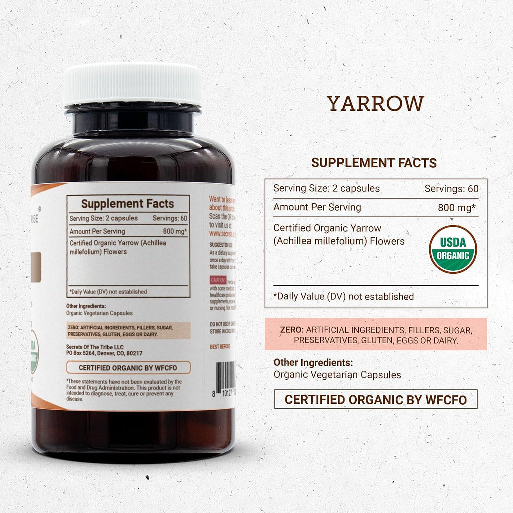 Secrets of the Tribe Yarrow 120 Cápsulas, 800 mg, USDA Organic Milenrama (Achillea millefolium) Hoja y Flor Seca