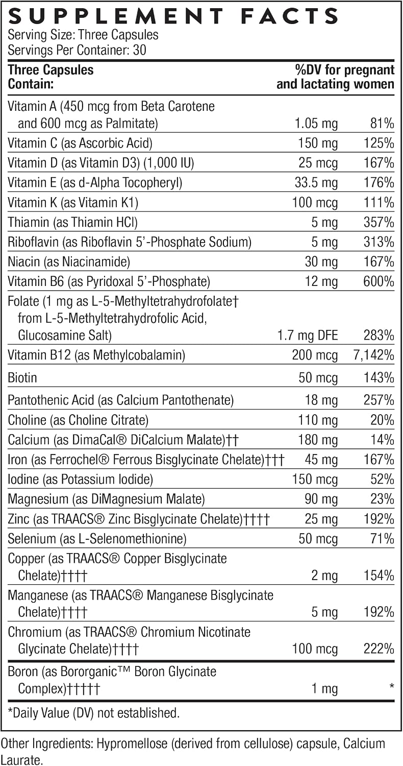 THORNE Basic Prenatal - Multivitamínico prenatal con folato activo y colina para embarazo y lactancia