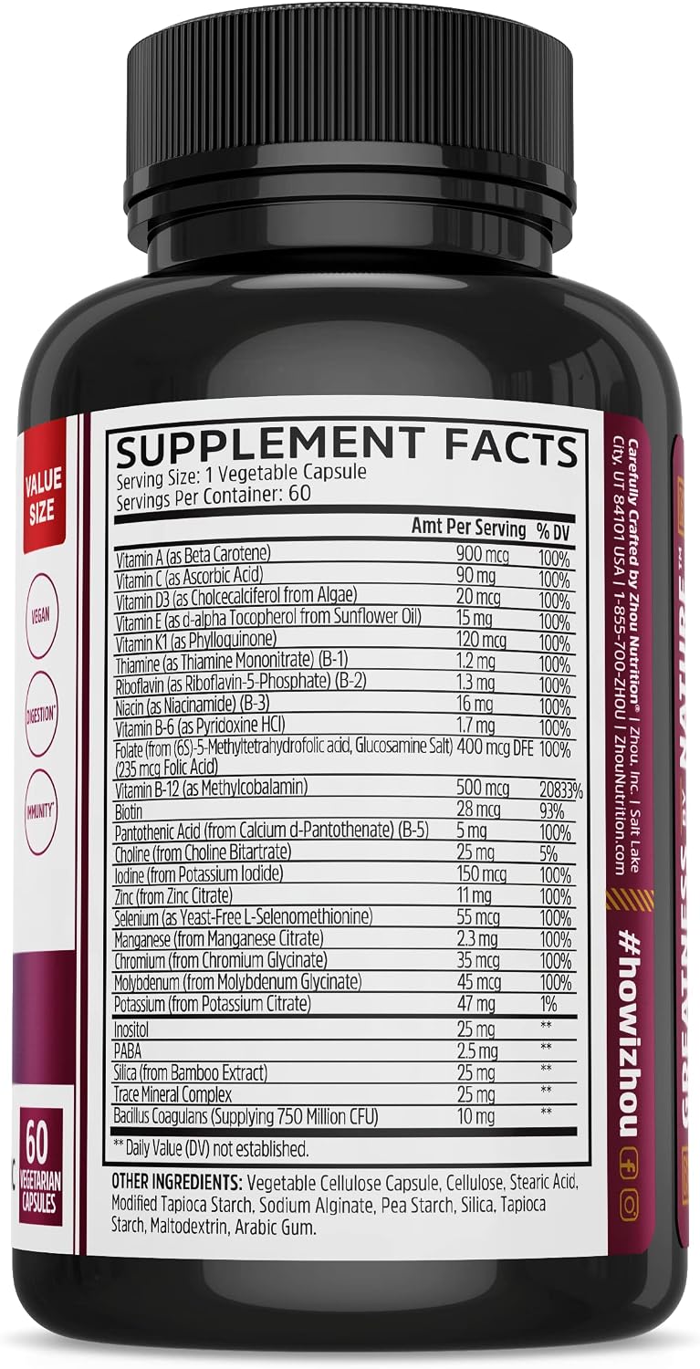 Zhou Nutrition Daily Boost Multivitamínico con Probiótico, Zinc, Vitamina C, D3 y Complejo B | 60 Cápsulas Veganas