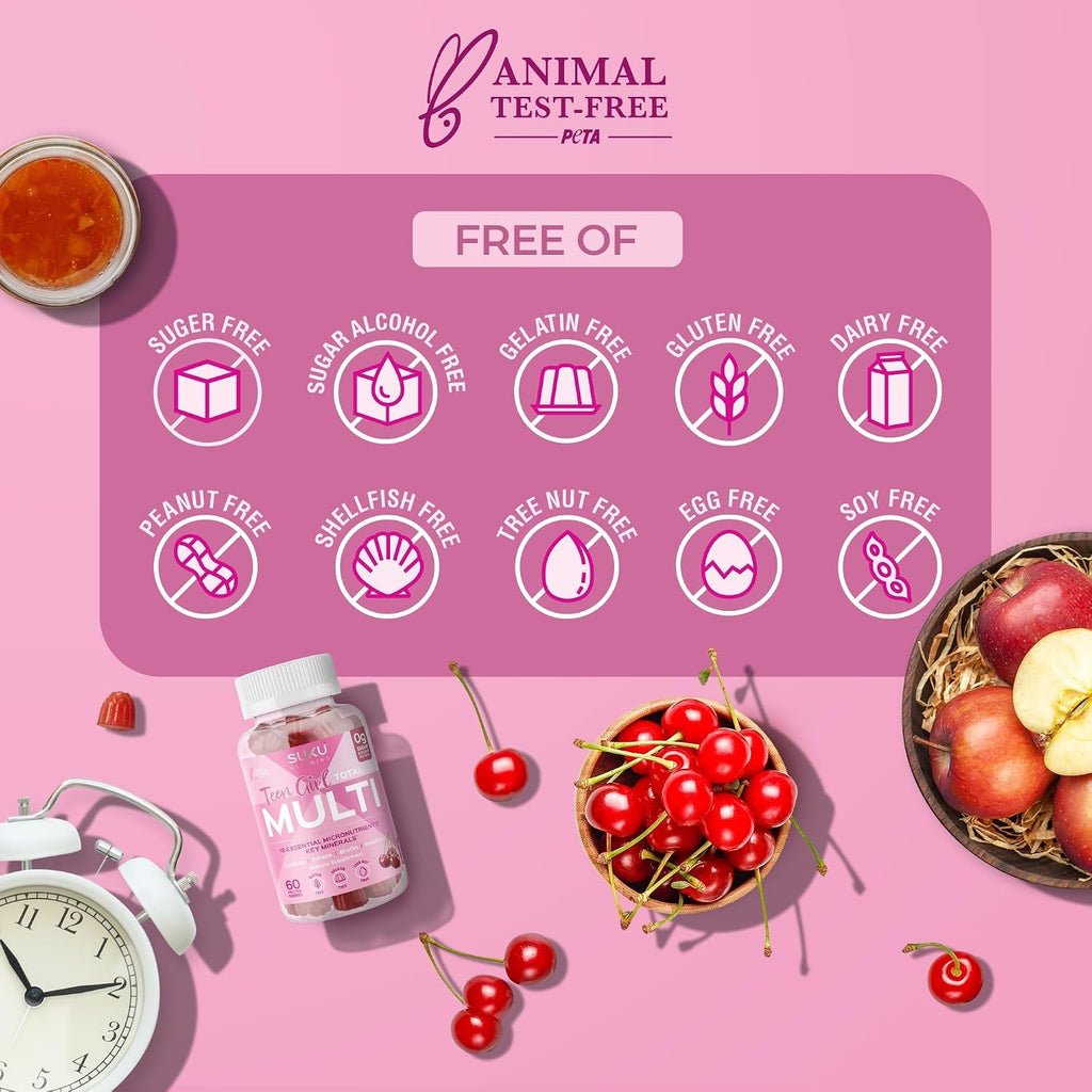 SUKU Gominolas Multivitamínicas para Chicas Adolescentes - Sin Azúcar - 60 Gomitas Sabor Cereza