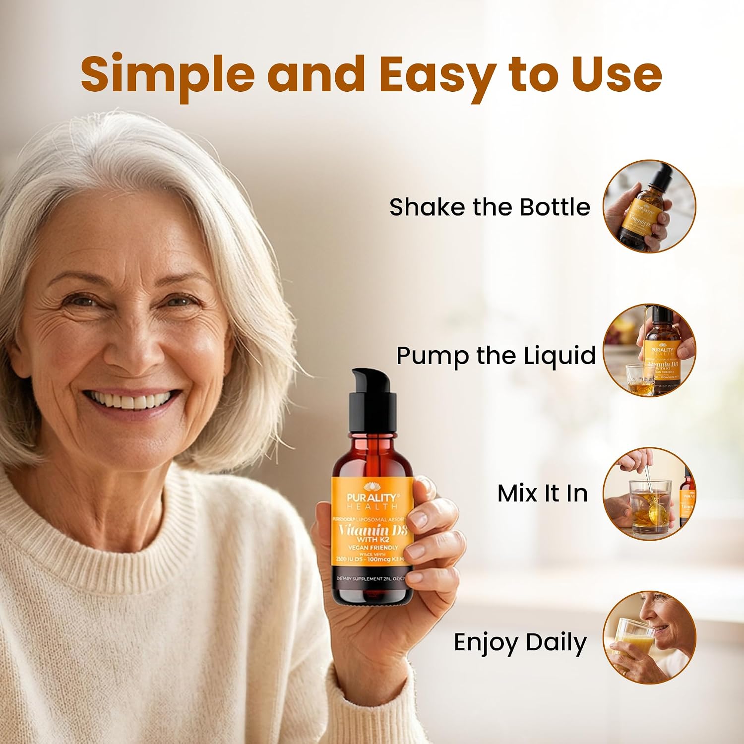 PURALITY HEALTH Vitamina D3 con K2 Líquido Vegano, Absorción Liposomal, 30 Días