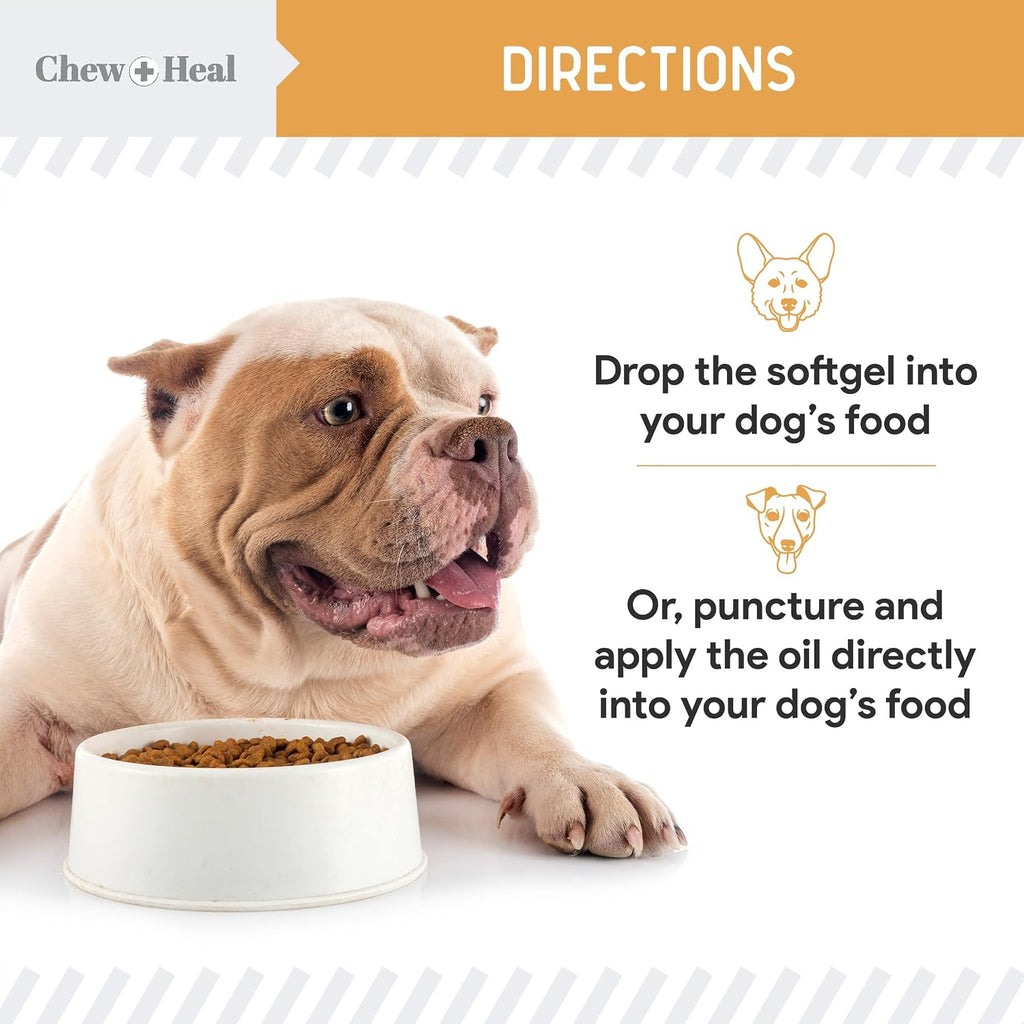 Chew + Heal Labs Aceite de Pescado Salvaje Omega 3 para Perros - 360 Mini Cápsulas Blandas de 300mg para Piel y Pelo Saludables