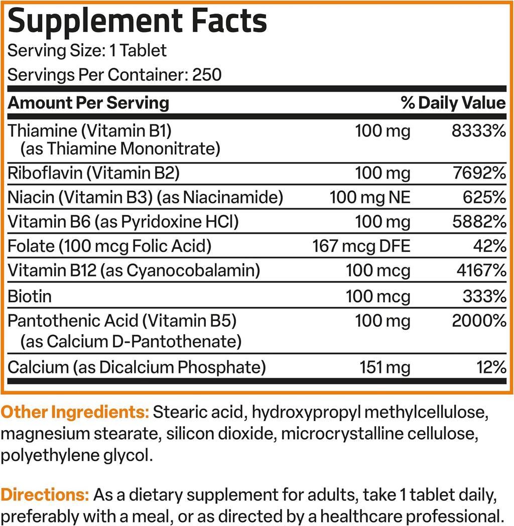 Bronson Super B 100 Complete B Complex with Sustained Release - 250 Tablets