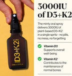 Kurk Spray Vegano de Vitamina D3+K2, 3000UI D3 y 150mcg K2 MK-7, Sabor Menta (30ml)