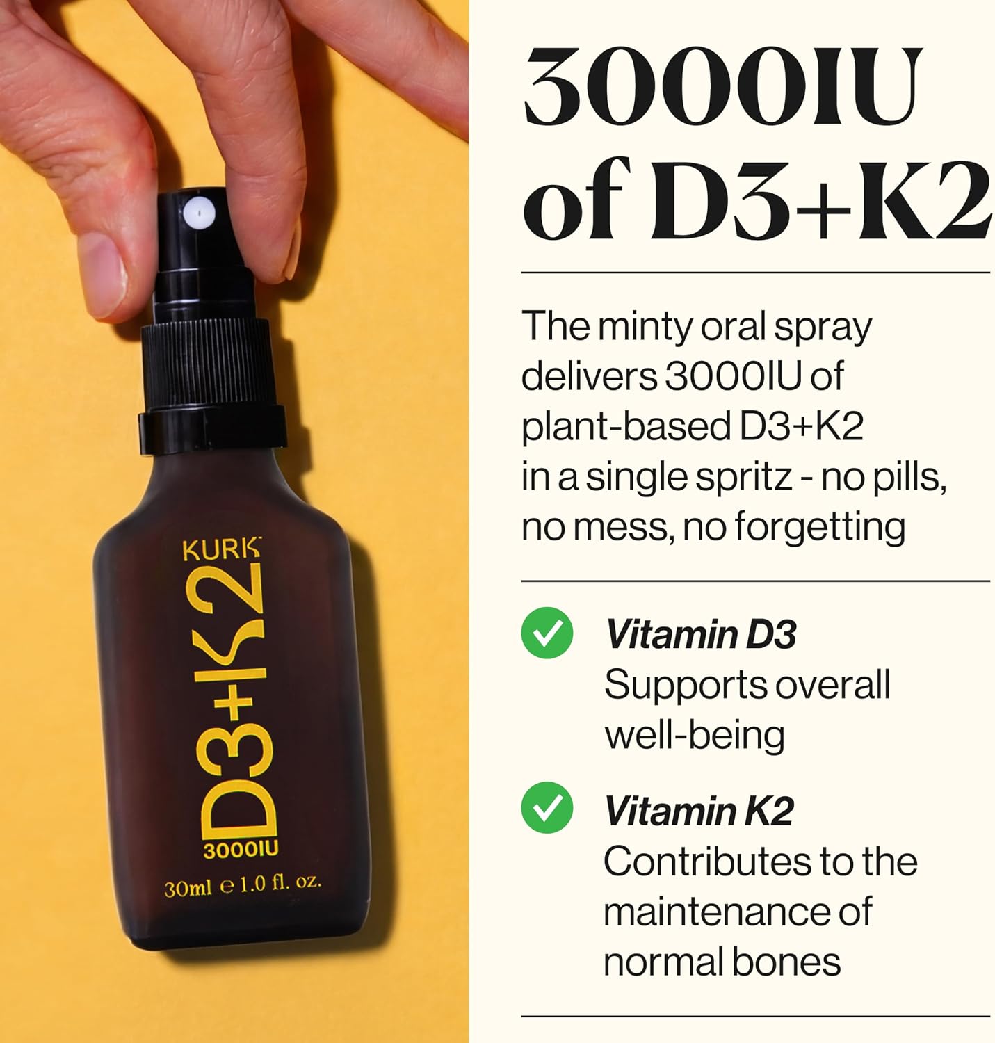 Kurk Spray Vegano de Vitamina D3+K2, 3000UI D3 y 150mcg K2 MK-7, Sabor Menta (30ml)