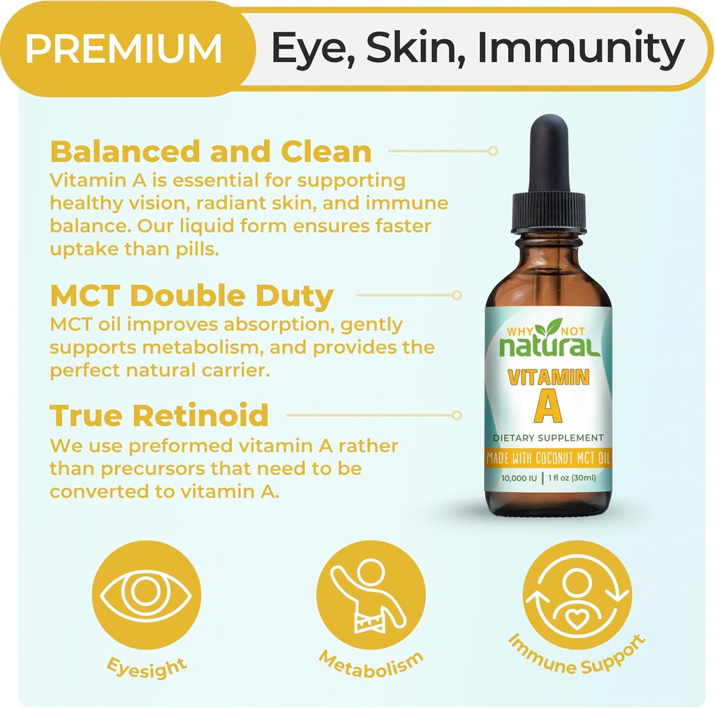 Why Not Natural Vitamina A Líquida 10000 UI - Retinilo Palmitato con Aceite MCT de Coco - Suplemento Vegano para la Piel - 30 ml