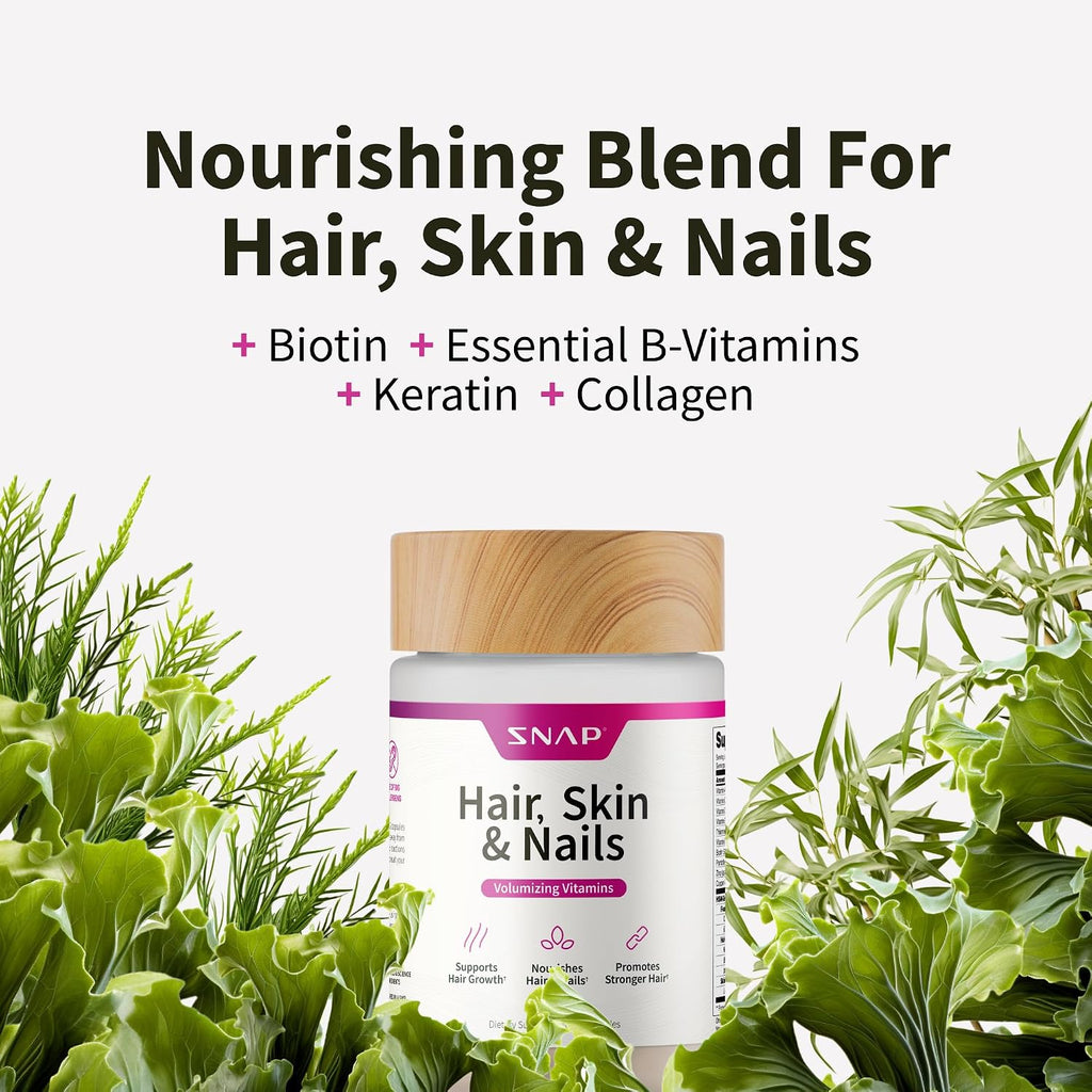 Snap Supplements Vitaminas para Cabello, Piel y Uñas con Biotina, Colágeno, Kelp y Bambú, 60 Cápsulas