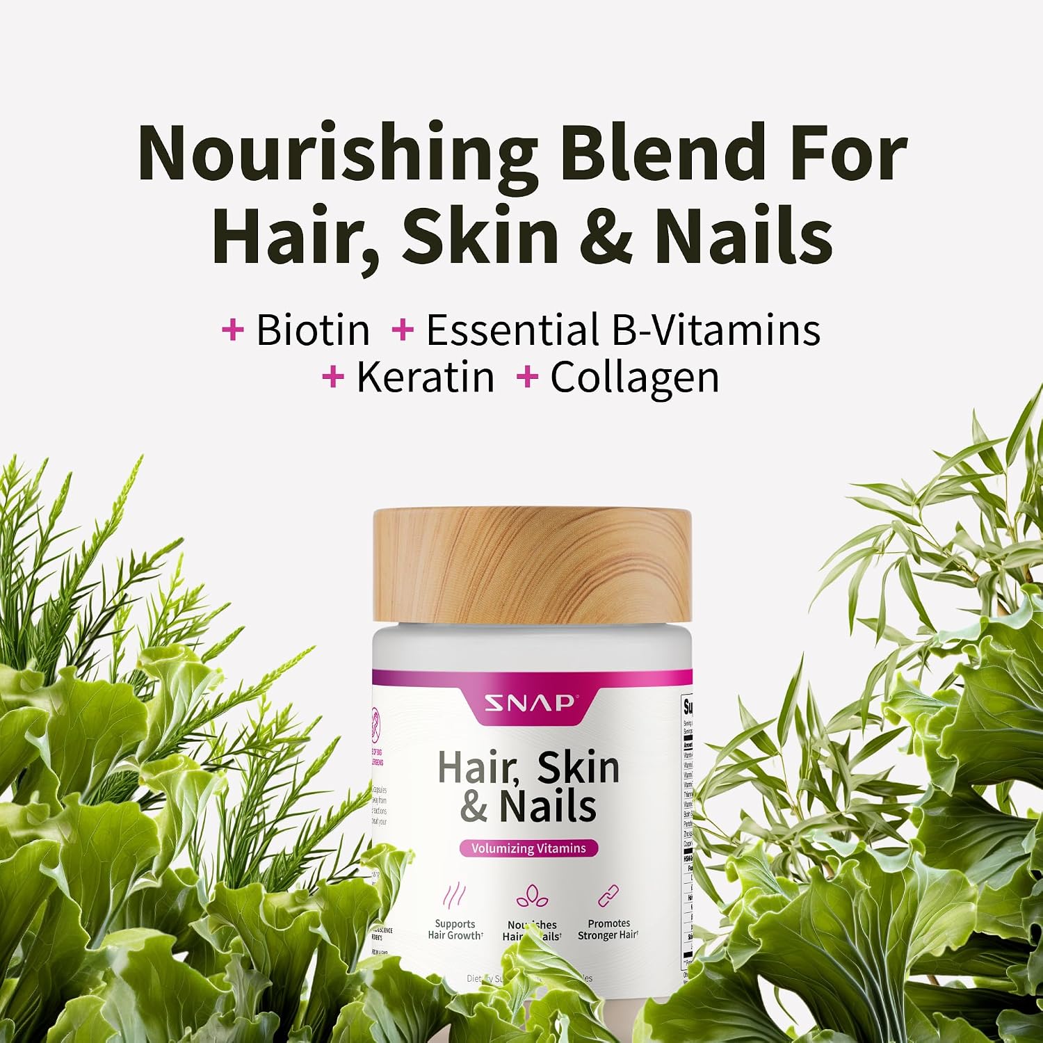 Snap Supplements Vitaminas para Cabello, Piel y Uñas con Biotina, Colágeno, Kelp y Bambú, 60 Cápsulas
